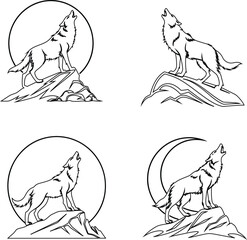 outline wolf howling vector icon set 