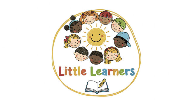 Little Learners A Bright and Cheerful Logo Featuring Diverse Children Smiling Around a Sunny Face and an Open Book with a Pencil