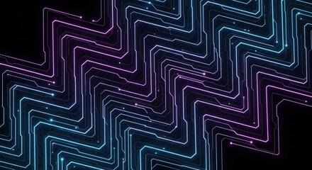 Abstract digital circuit board pattern with glowing blue and purple lines on a black background, representing technology and data flow.