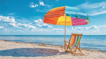 A vibrant striped umbrella stands beside a wooden chair on a sandy beach. The ocean glistens under a bright blue sky filled with fluffy clouds, creating a perfect summer atmosphere.