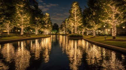 Fototapeta premium Twinkling lights adorn trees along a calm waterway during twilight, creating a peaceful atmosphere ideal for evening strolls or relaxation. Reflective surfaces enhance the beauty of the setting.
