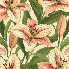 Obraz premium Closeup of delicate pink lilies with detailed petals and green leaves