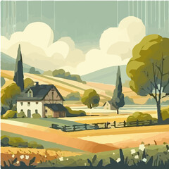 Hand draw Watercolor Village Landscape Vector