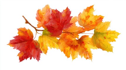 A branch adorned with a mix of autumn leaves showcases bright reds, oranges, and yellows. This striking display highlights the beauty of fall foliage, capturing the seasonal change.