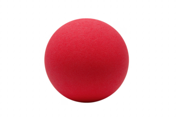 Close up image of a bright red clown nose against a stark transparent background