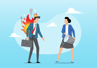 A businessman, stands visibly distressed with flames and smoke erupting from his back