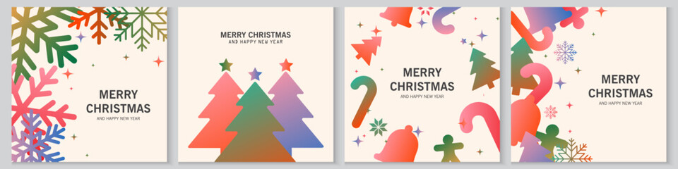 Merry Christmas and Happy New Year cards, posters, holiday covers. Set of Hand drawn greeting Xmas banner templates with patterns and frames in modern geometric style for web, social media, print.