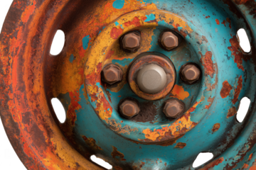 Close up of an old rusty vintage car wheel with colorful peeling paint transparent