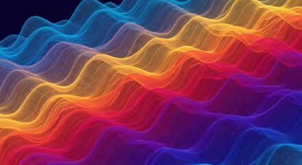 Abstract visualization of colorful sound waves or data streams flowing in undulating patterns.