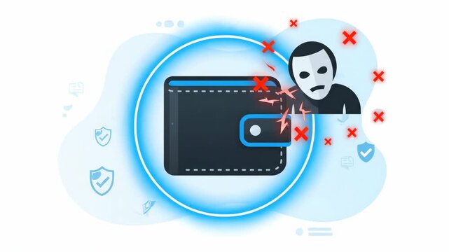 A digital wallet is targeted by an attacker represented by a masked figure in a secure environment
