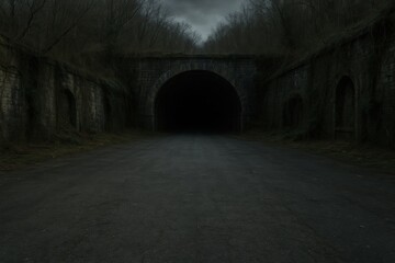 Fototapeta premium The dark tunnel's gaping maw, beckons viewers with a chilling atmosphere, old road, abandoned stone arch.