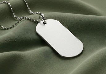 A blank, brushed-metal dog tag on a silver ball chain necklace