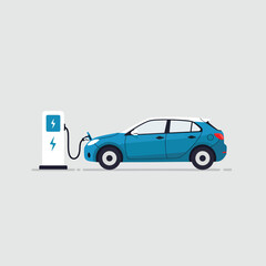 Fototapeta premium Minimalist Vector Illustration of Electric Car Charging Station in Modern Style with Blue Vehicle and White Charging Point