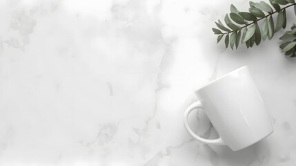 Minimal flat lay composition with white coffee mug on marble surface and green leaf branch, perfect for clean lifestyle visuals, background design, branding mockups, and modern aesthetic presentations