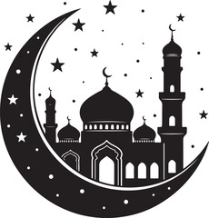 Ramadan Kareem Mosque Silhouette Crescent Moon & Stars Design