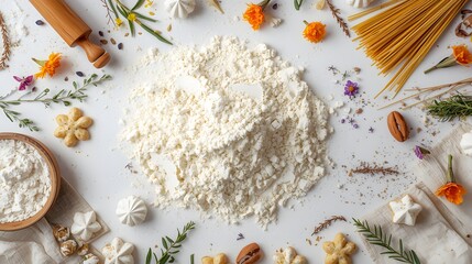 Culinary background composition with baking flour, pasta ingredients, cookies, herbs, nuts, and flowers on minimal white backdrop for recipe design, food blog content, and creative kitchen arrangement