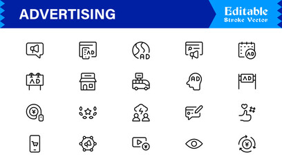 Professional Advertising Line Icon Set with Modern Minimal Design, Unique Marketing Symbols, and Clean Vector Style for Premium Digital Use