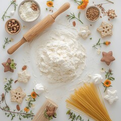 Culinary background composition with baking flour, pasta ingredients, cookies, herbs, nuts, and flowers on minimal white backdrop for recipe design, food blog content, and creative kitchen arrangement
