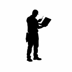 Silhouette of a technician repairing a laptop with a screwdriver