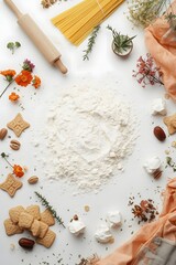 Creative flat lay arrangement of flour, pasta, rolling pin, biscuits, herbs, nuts, and edible flowers on white background for baking, cooking, and culinary presentation with rustic kitchen lifestyle t