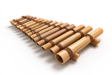 A close-up shot of a beautifully crafted panpipes instrument. Each pipe is meticulously arranged, showcasing the natural textures of the bamboo and the artistry behind the construction.