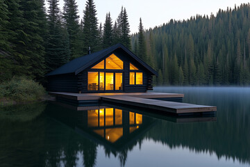 Fototapeta premium 방갈로, 호수, 오두막