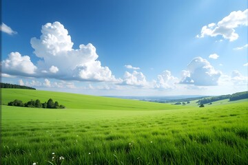 Fototapeta premium Lush green fields under a bright blue sky with fluffy white clouds.