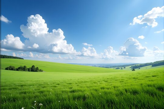 Lush green fields under a bright blue sky with fluffy white clouds.