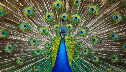Obraz premium A vibrant peacock displays its magnificent, colorful plumage in a close-up, eye-catching image.
