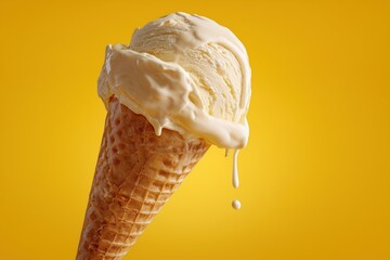 Delicious vanilla ice cream cone with melting scoop under bright yellow background