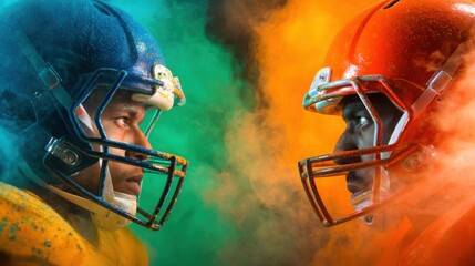 Two football players wearing contrasting helmets are locked in a fierce stare. The background features vibrant colors and smoke, adding tension to the competitive moment captured.