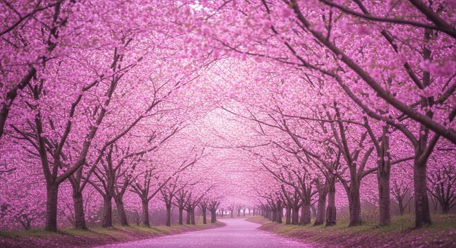 Stunning cherry blossom trees line a path, creating a beautiful pink canopy