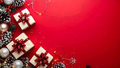 Red Christmas Background with Presents, Pine Cones, and Festive Decorations
