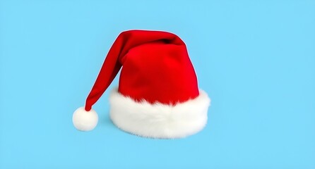 festive red christmas hat with fluffy white trim isolaten on clean blue background