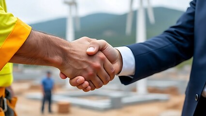A construction worker and a businessman shake hands at a clean energy site with wind turbines in the background, symbolizing a successful partnership.