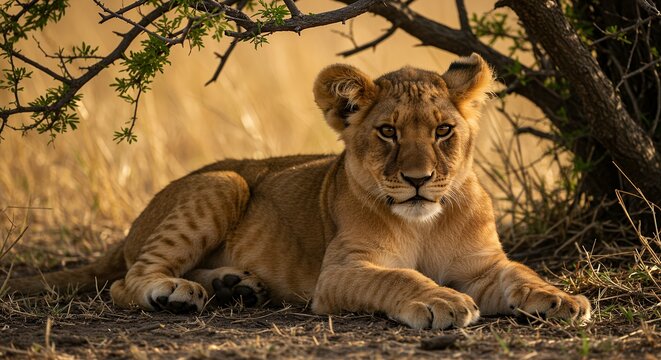 Lion cub resting under tree