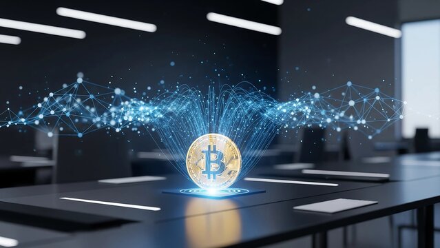 A glowing Bitcoin coin serves as the central hub of a spreading blockchain network with radiating lines and nodes, symbolizing decentralized and global digital finance.