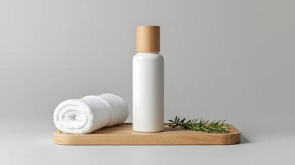 Modern cosmetic mockup scene with clean bottle, herbal rosemary, spa towel, and wooden tray placed on neutral background for wellness, skincare, and cosmetic branding or product design visuals