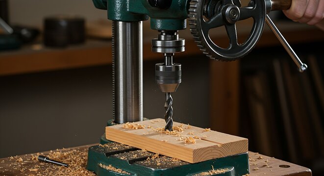 a hand-operated drill press, with the wheel and gears in motion as a hole is bored into a piece of wood.