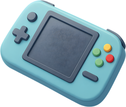 Handheld game console PNG isometric 3D portable gaming device icon isolated on transparent background smooth rounded body crisp screen d pad and buttons soft shadow clean edges high resolution square