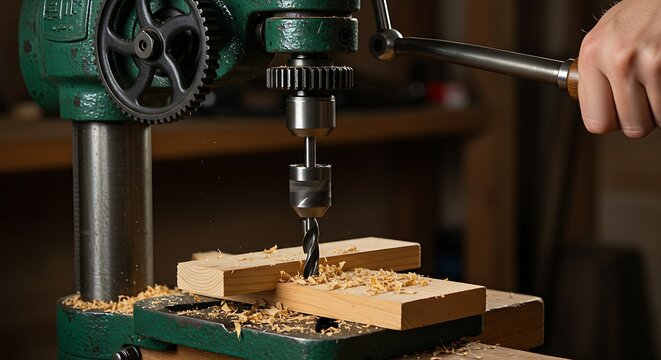 a hand-operated drill press, with the wheel and gears in motion as a hole is bored into a piece of wood.