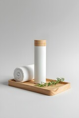 Minimalist spa composition with white cosmetic bottle, rolled towel, and rosemary sprig arranged on wooden tray against neutral background for natural skincare and wellness product presentation