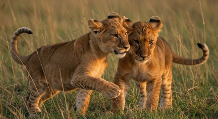 Lion cubs playing in grassland