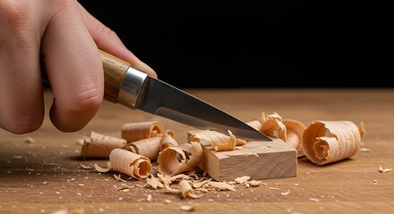 a hand-held carving knife making a delicate cut into a small piece of wood, with fine shavings peeling away.