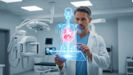 A male doctor uses a transparent tablet to view a glowing holographic human body, symbolizing futuristic medical technology and diagnostic innovation.