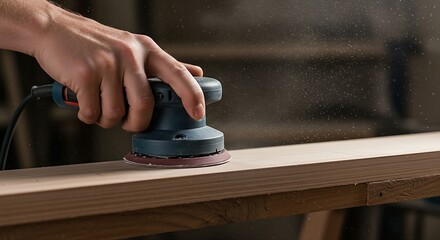 A hand using a sanding disc on a finished wooden product, with a fine cloud of dust in the air.
