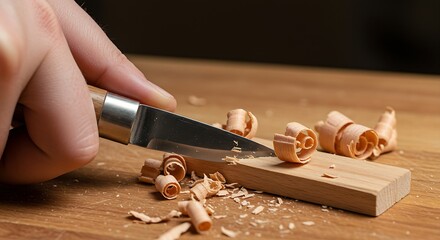 a hand-held carving knife making a delicate cut into a small piece of wood, with fine shavings peeling away.