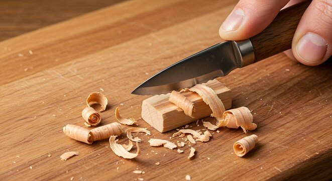 a hand-held carving knife making a delicate cut into a small piece of wood, with fine shavings peeling away. - Powered by Adobe