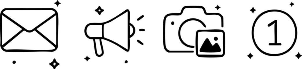 Notification icons set with mail megaphone camera and number one in a circle.