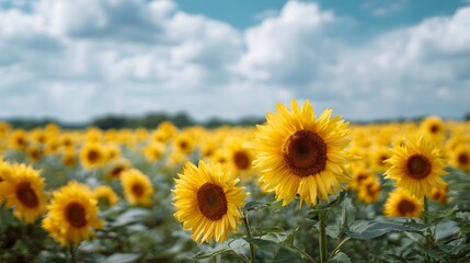 A vast field of vibrant yellow sunflowers under a bright blue sky with scattered clouds on a sunny summer day